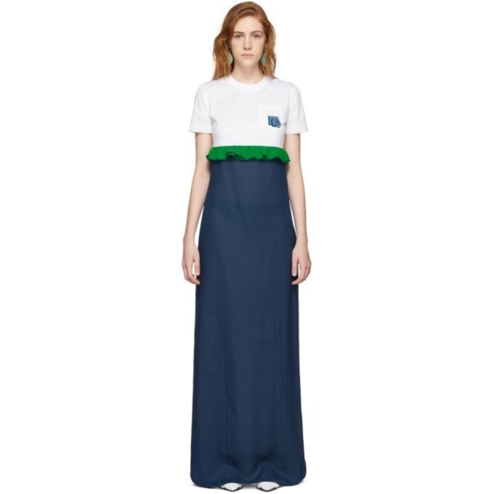 Prada White and Blue Chiffon Long T-Shirt Dress Ruffle Maxi Size S